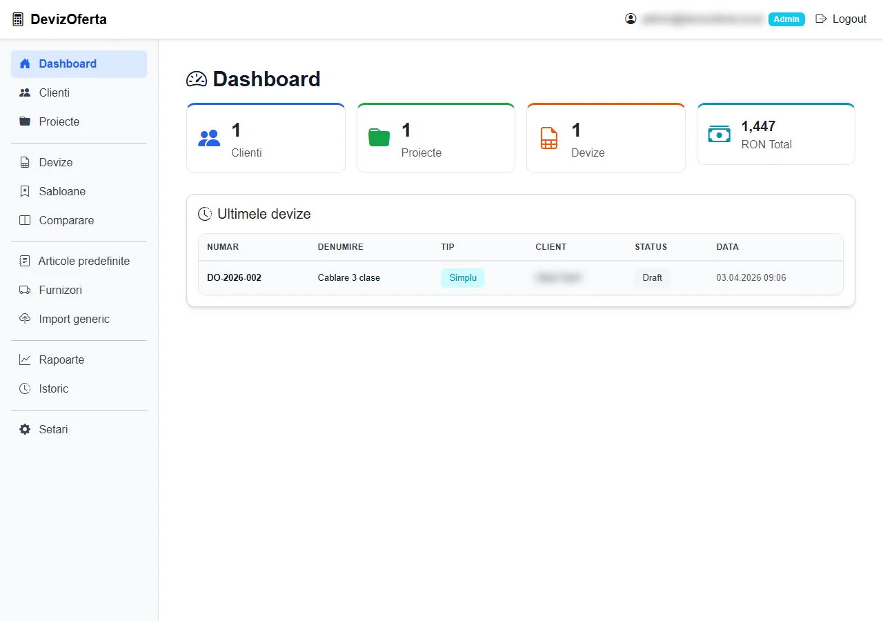 DevizOferta – Dashboard DevizOferta