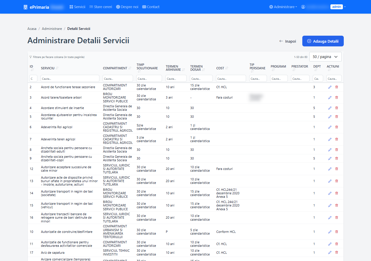 Administrare detalii servicii